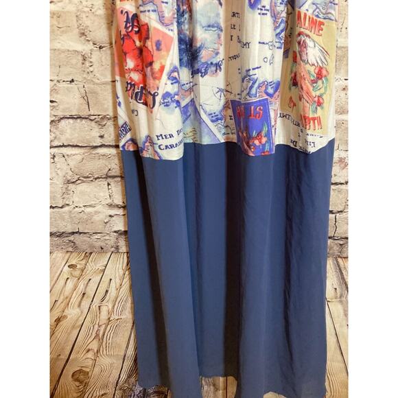 Peter Som Maxi Dress Womens Medium Blue Carribean Beach Scene Tie Back Halter - Picture 2 of 16